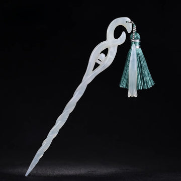 Handmade Jade White Snake Hair Stick with Tassel