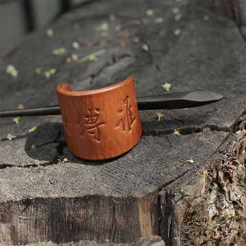 Handcrafted Wooden and Leather Hair Sticks with Zen and Taoist Sayings
