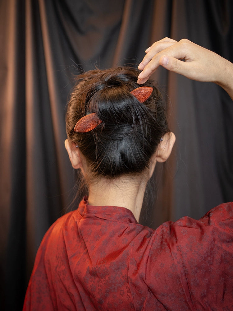 Hand-Carved Wooden Hairpin with Floral Design