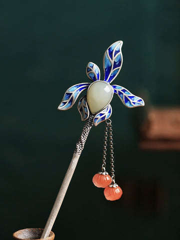 Lotus Leaf Hetian Jade Silver Hair Stick