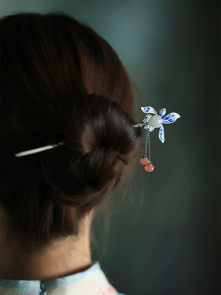 Lotus Leaf Hetian Jade Silver Hair Stick