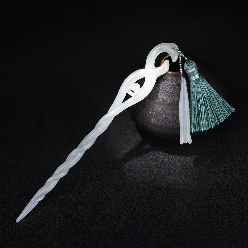 Handmade Jade White Snake Hair Stick with Tassel