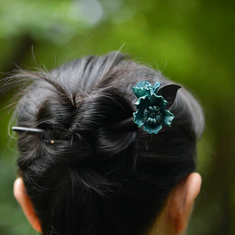Blue Leather Flower Hair Stick