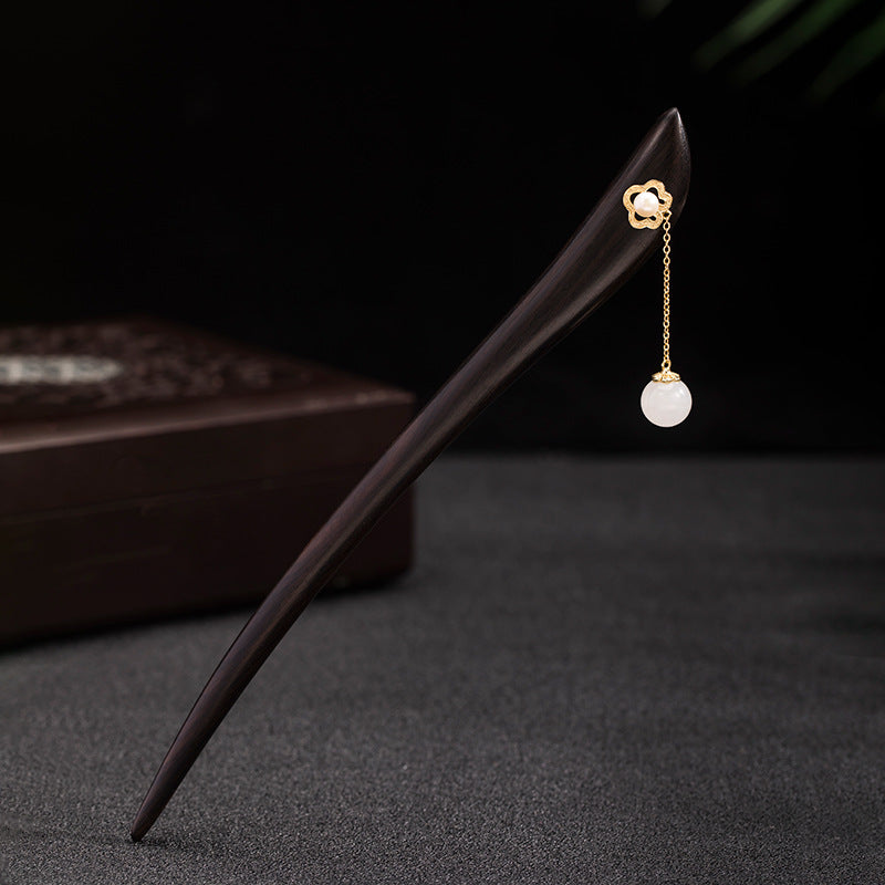 Handmade Wooden Hair Stick with Jade Pendant