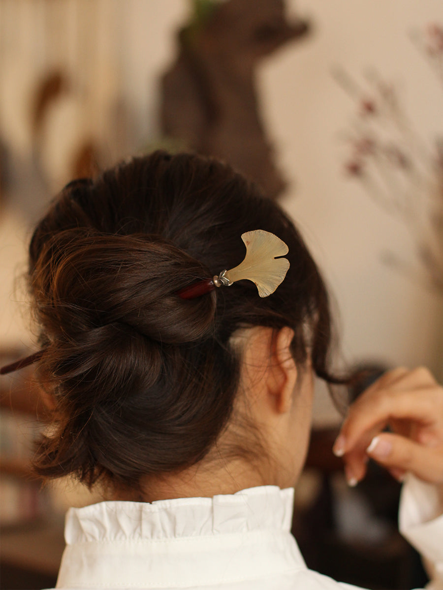 "Autumn Intentions" - Hand-Carved Hair Stick with Yellow Rosewood, 925 Silver, and White Yak Horn