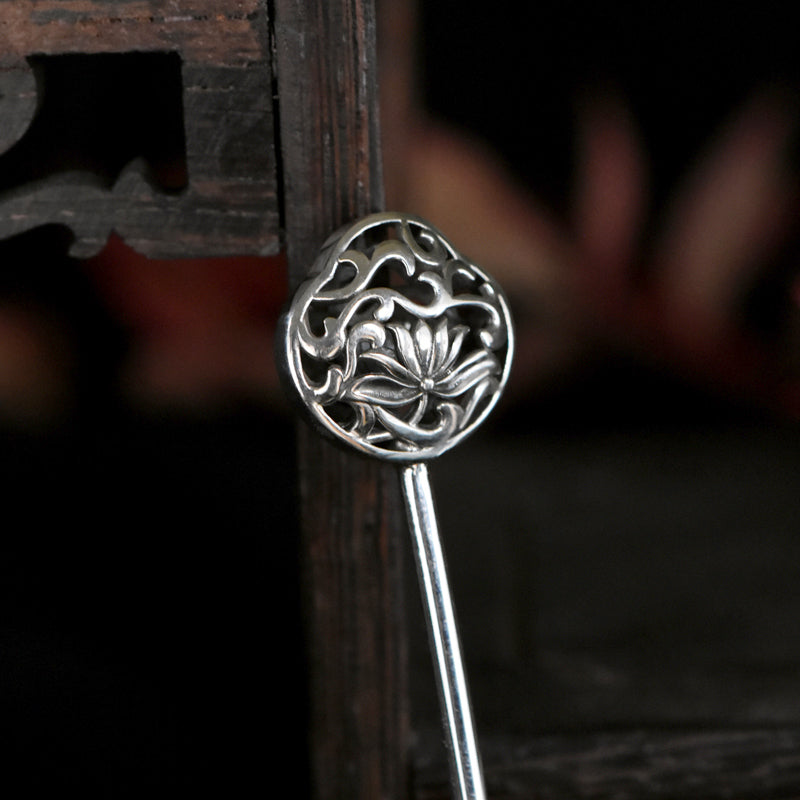 "Twin Lotus" - Silver Hollowed-Out Hair Stick