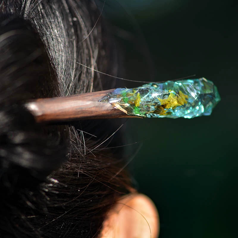 Handmade Wooden Hair Stick with Cyan Small Yellow Flower
