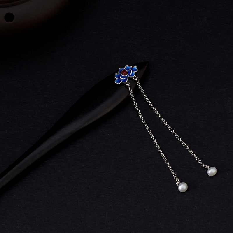 Wooden Minimalist Hair Stick with Cloisonné and Long Tassels