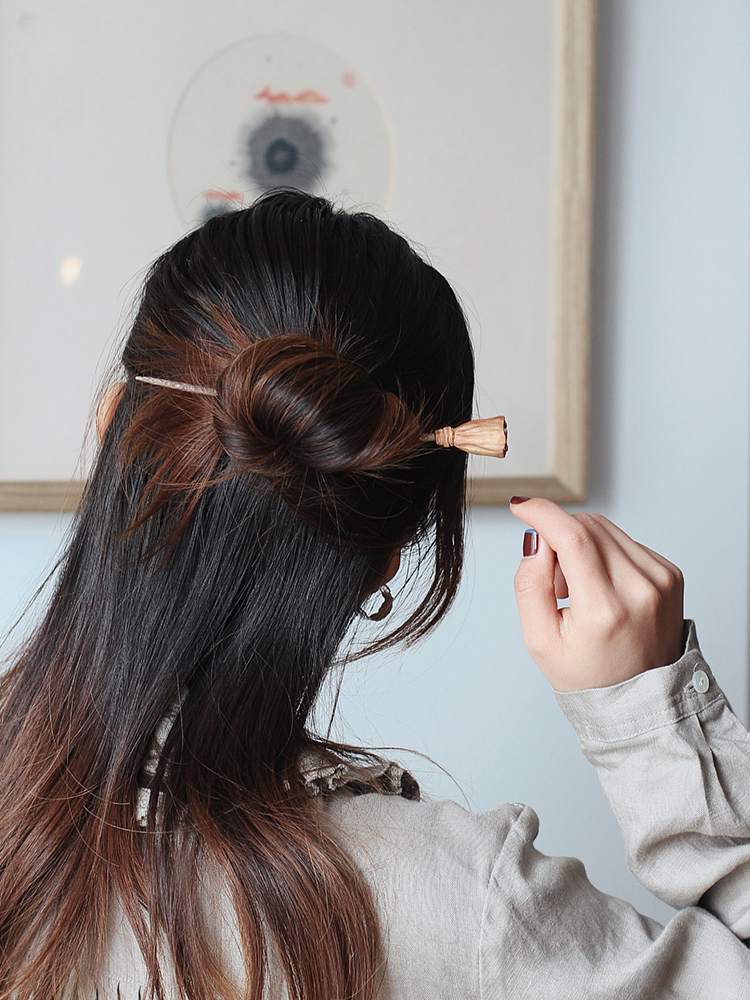 Handcrafted Hair Stick with Hammered Texture and Sandalwood Carving