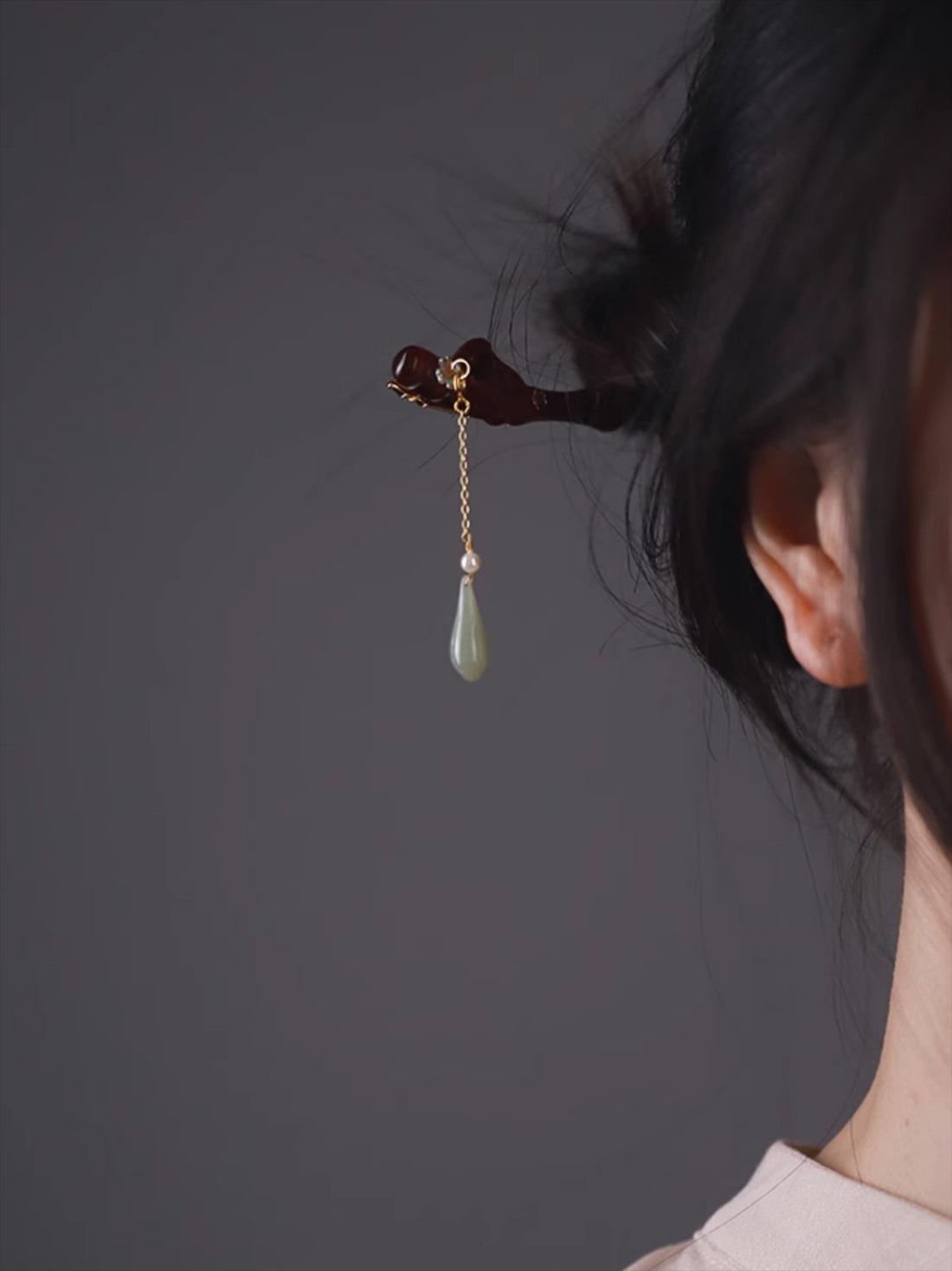 Rosewood Bamboo Hair Stick with Hetian Jade Pendant