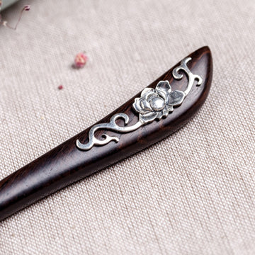 Wood Inlaid Silver Peony Hair Stick