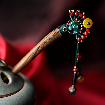 Handmade Wooden Hair Sticks with Red Yellow Stone Tassel
