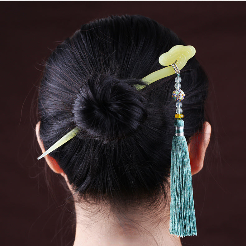 Handmade Xiuyu Jade Hair Stick with Long Tassel - Elegant Chinese Hair Accessory