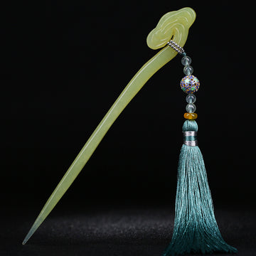 Handmade Xiuyu Jade Hair Stick with Long Tassel - Elegant Chinese Hair Accessory