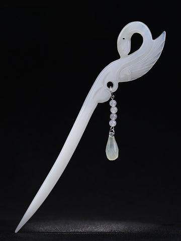 Handmade swan jade hair stick with dangle