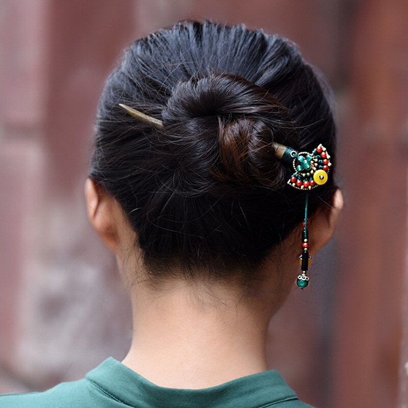 Handmade Wooden Hair Sticks with Red Yellow Stone Tassel