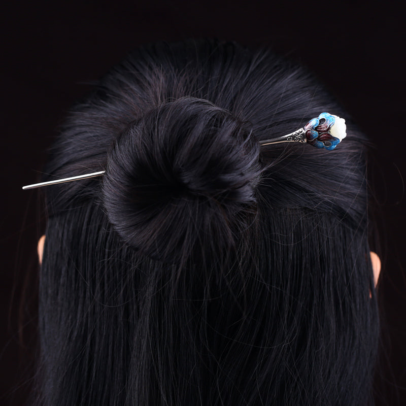 The Blue Cloisonne Hair Stick with Hetian Jade