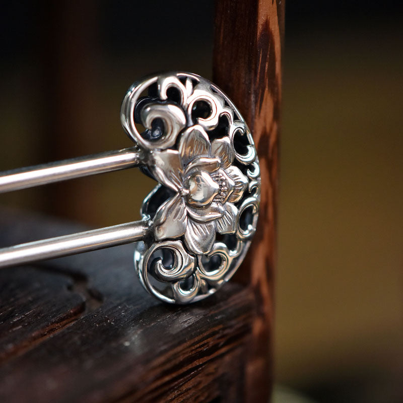 Handmade Embossed Peony Silver Hair Stick