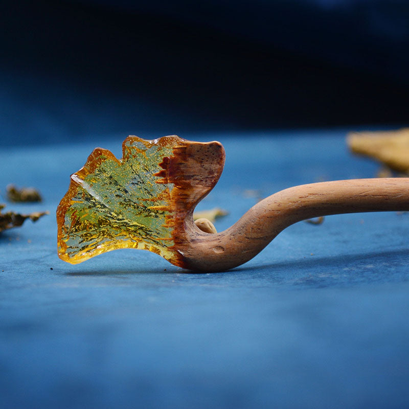 Wooden Hair Sticks with Ginkgo Leaf