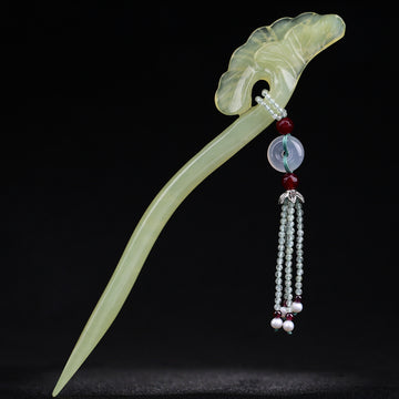 Handmade Xiuyan Jade Hair Stick  with Ping An Buckle