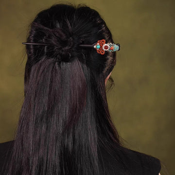 Black Sandalwood Hair Stick with Cloisonné and Gemstones