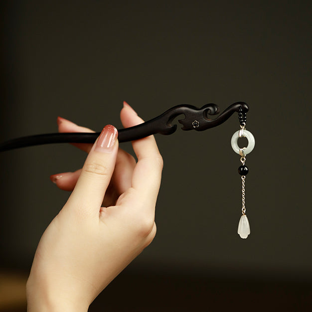 Elegant Blackwood Hair Stick with Hetian Jade Tassel