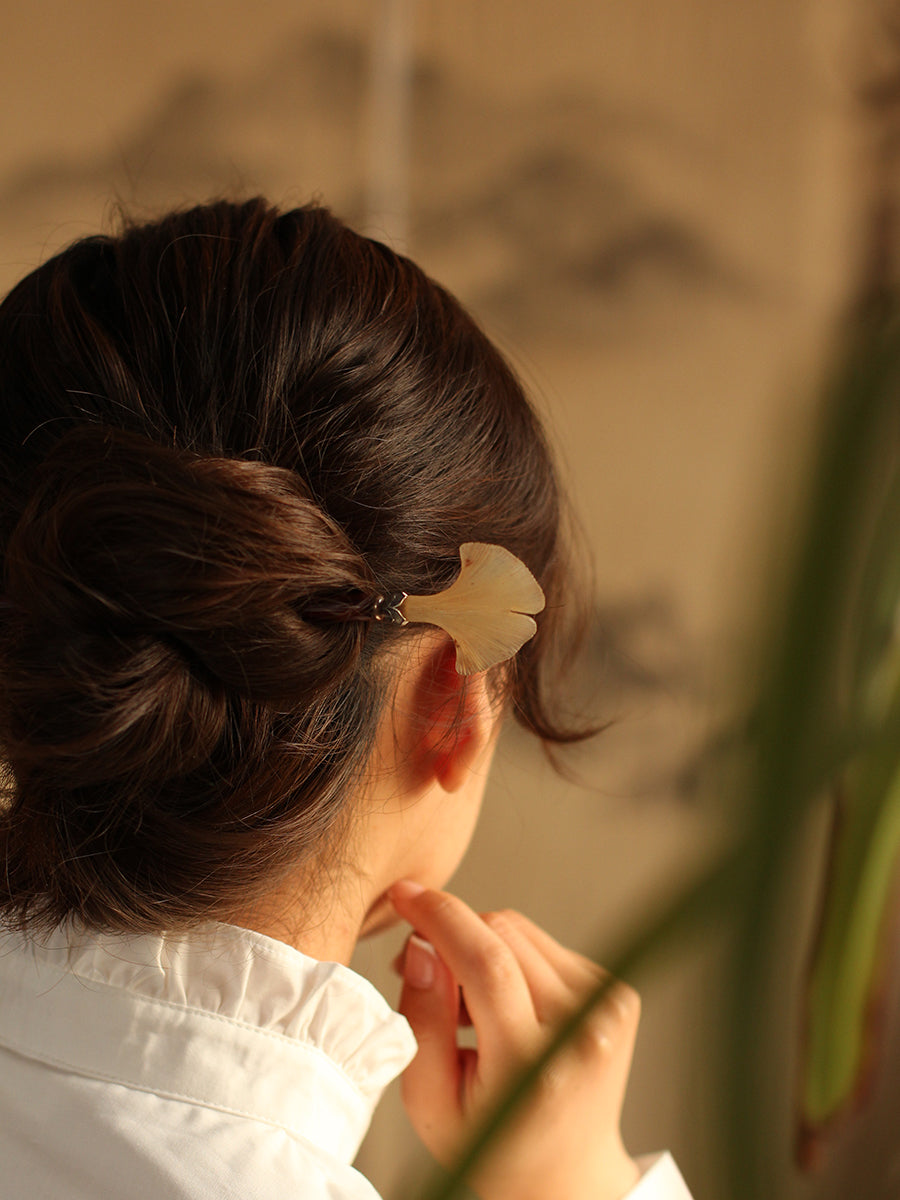 "Autumn Intentions" - Hand-Carved Hair Stick with Yellow Rosewood, 925 Silver, and White Yak Horn