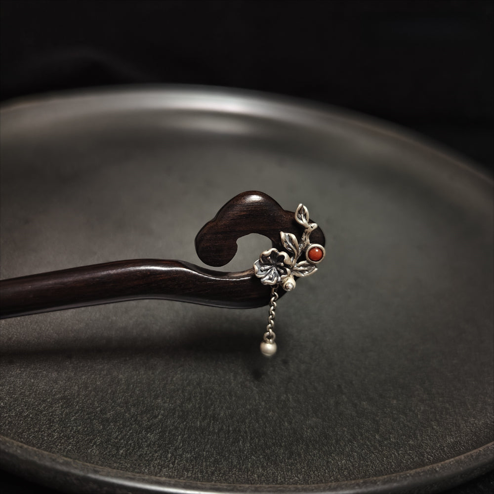 Handcrafted Wood Hair Stick with Silver Pendant
