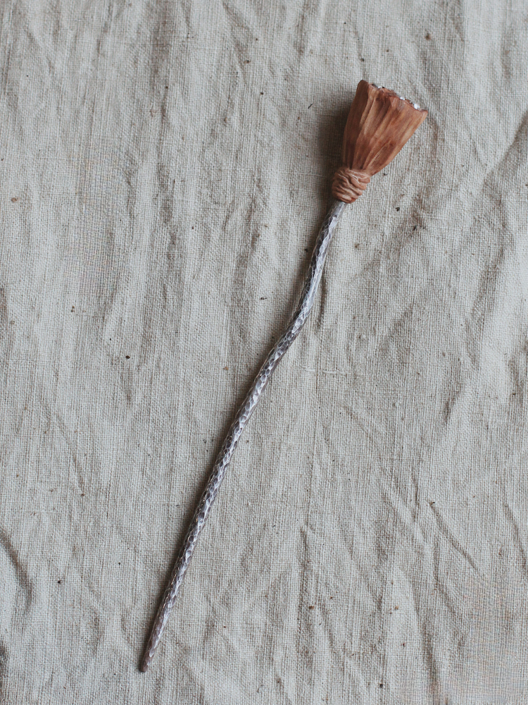 Handcrafted Hair Stick with Hammered Texture and Sandalwood Carving