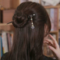 Ebony Hair Stick with Gold-Plated Copper and Beaded Dangle, detail view 3