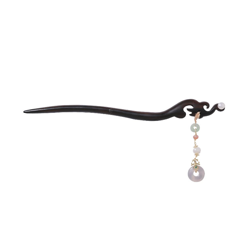 Ebony Hair Stick with Gold-Plated Copper and Beaded Dangle, detail view 4