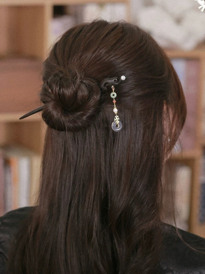 Ebony Hair Stick with Gold-Plated Copper and Beaded Dangle, detail view 7