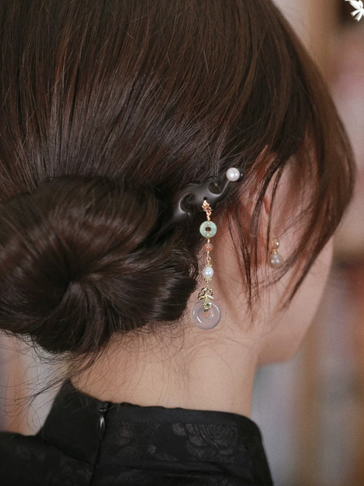 Ebony Hair Stick with Gold-Plated Copper and Beaded Dangle, detail view 8