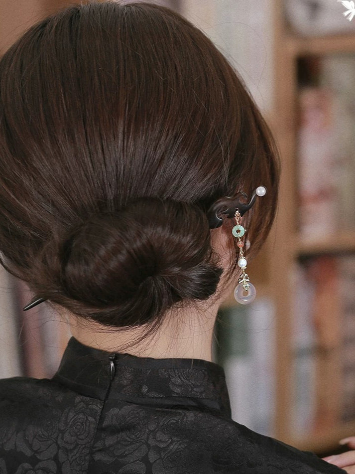 Ebony Hair Stick with Gold-Plated Copper and Beaded Dangle, detail view 9