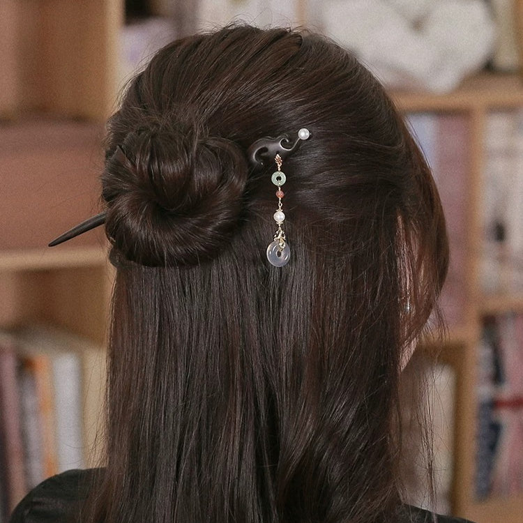 Ebony Hair Stick with Gold-Plated Copper and Beaded Dangle, detail view 14