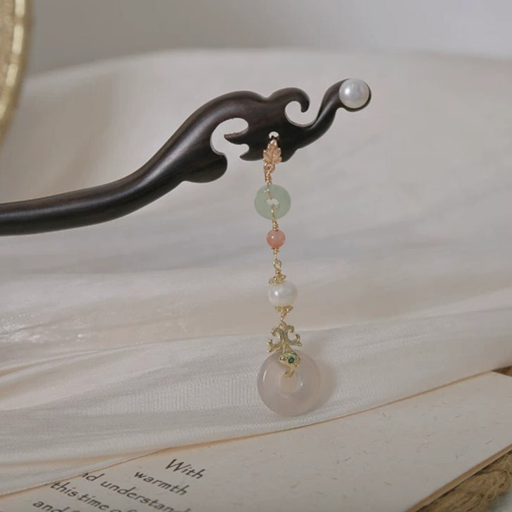 Ebony Hair Stick with Gold-Plated Copper and Beaded Dangle, detail view 16