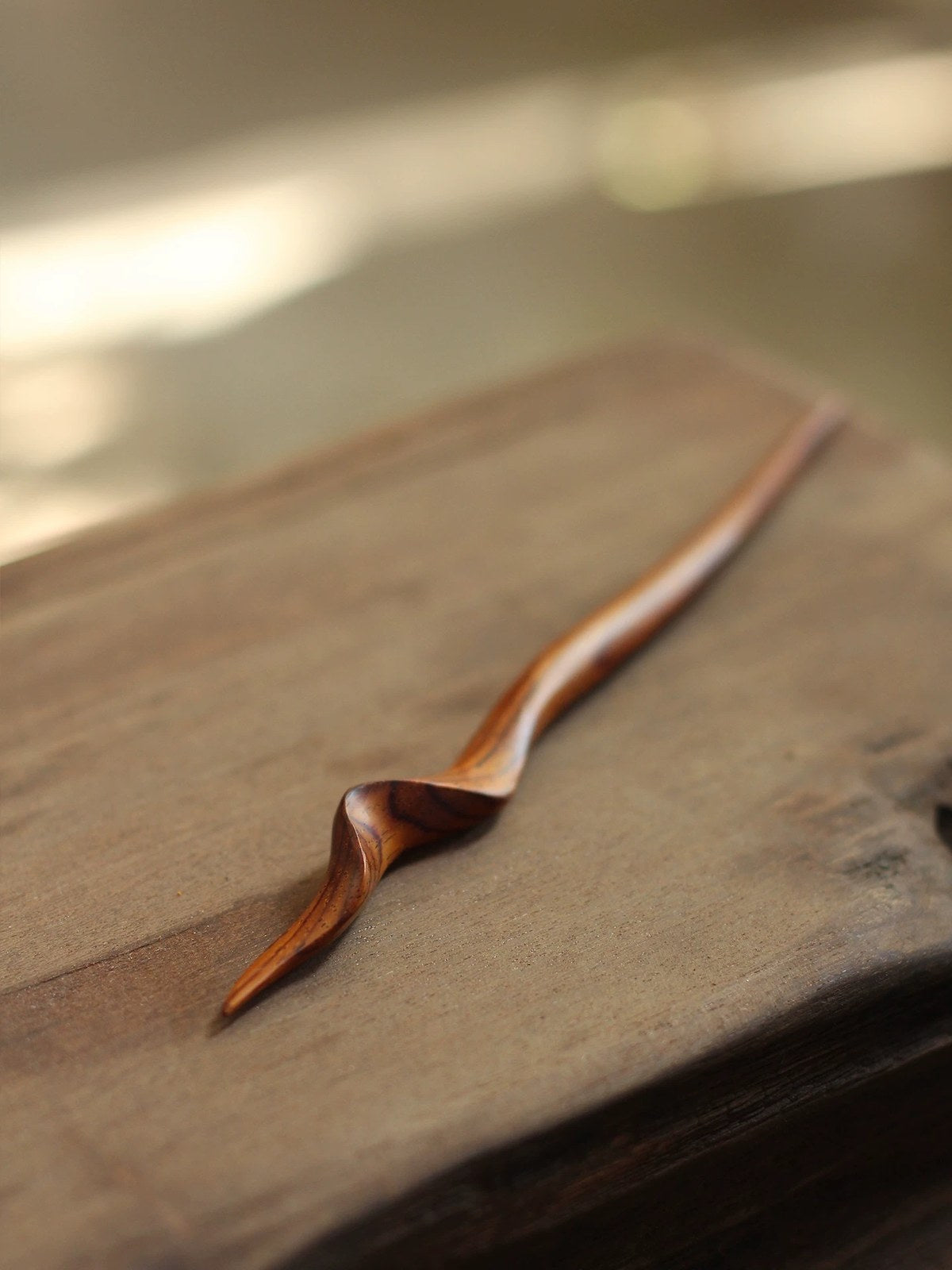 Hand-Carved Weiao Huangtan Wood Curved Hair Stick, detail view 3