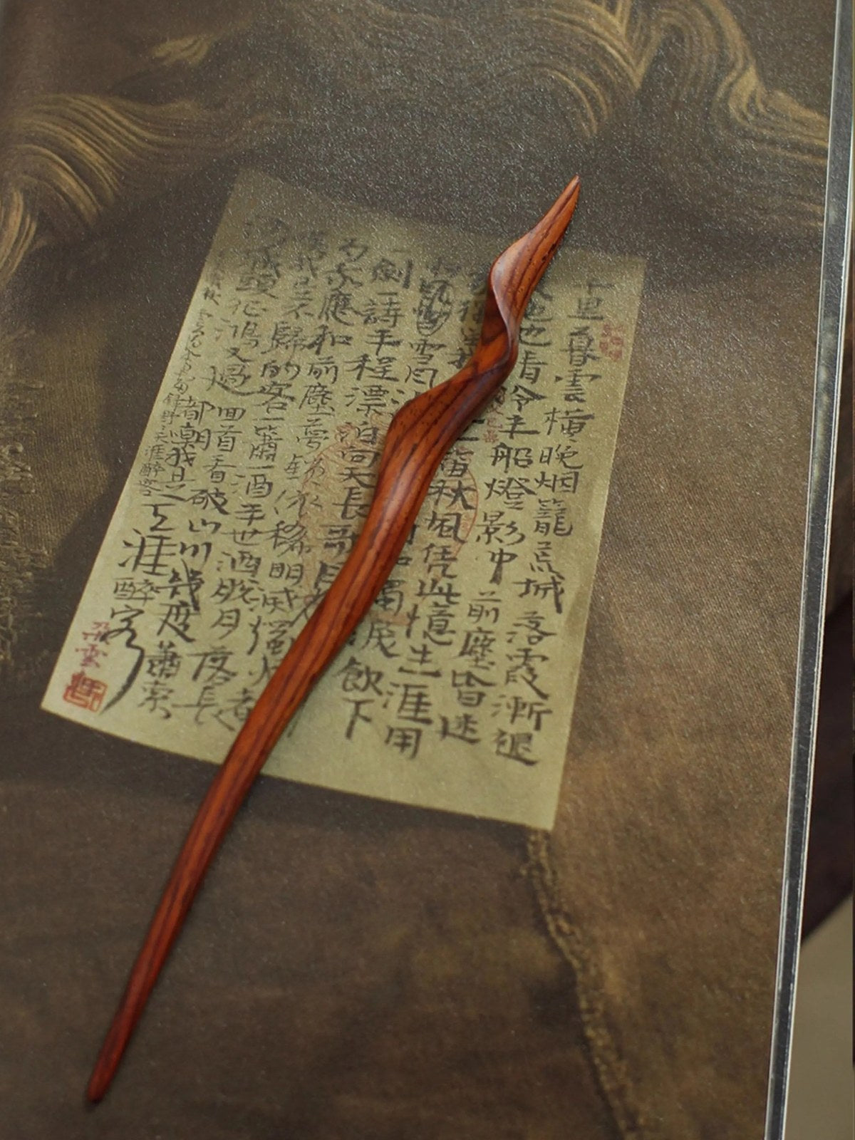 Hand-Carved Weiao Huangtan Wood Curved Hair Stick, detail view 15