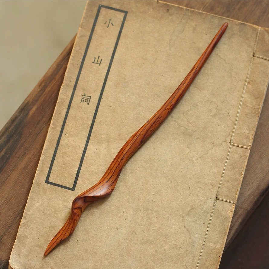 Hand-Carved Weiao Huangtan Wood Curved Hair Stick, detail view 17
