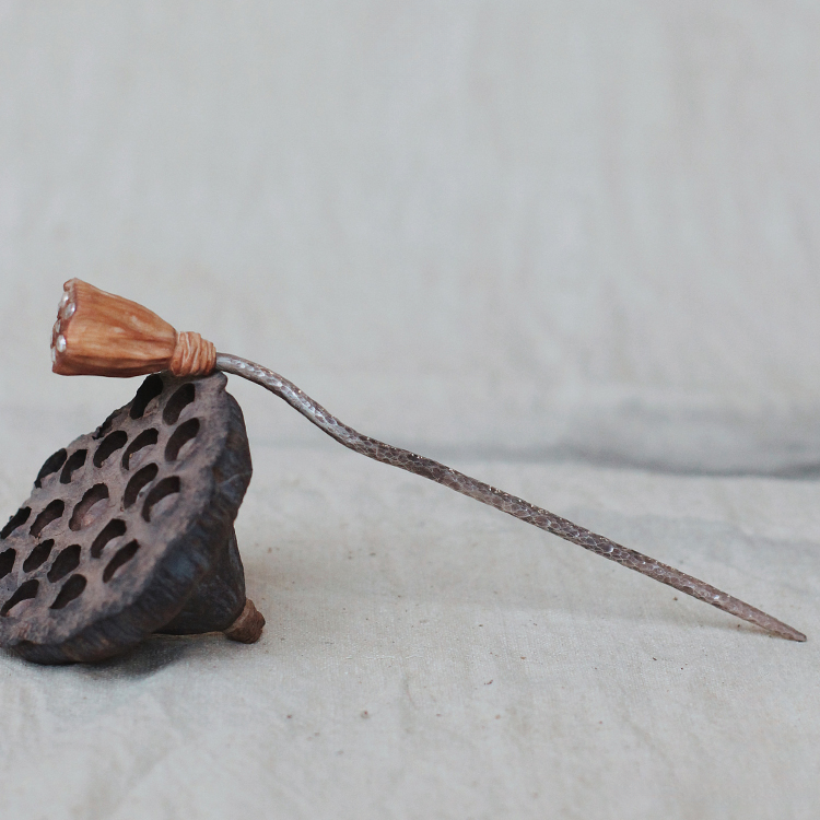 Handcrafted Hair Stick with Hammered Texture and Sandalwood Carving