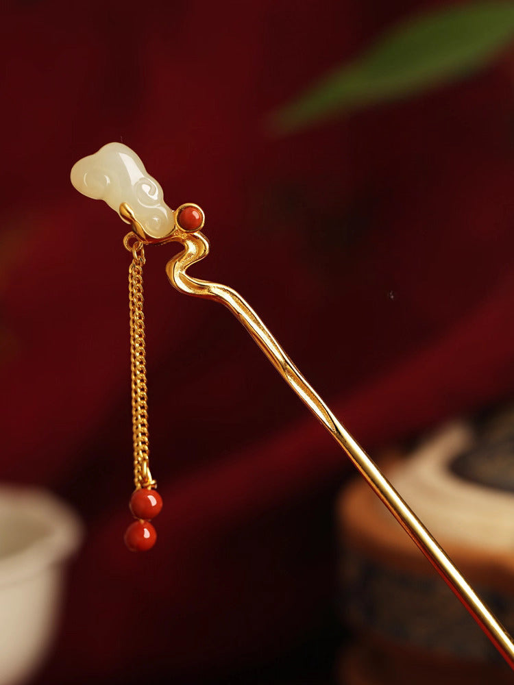 Auspicious Cloud Silver Hairpin with Hetian Jade