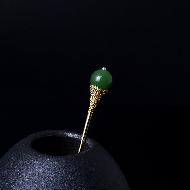 S925 Silver Hair Stick with Jade, front view
