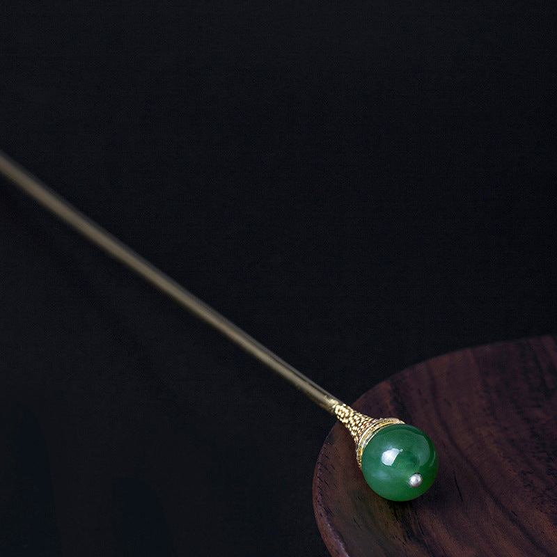 S925 Silver Hair Stick with Jade, front view