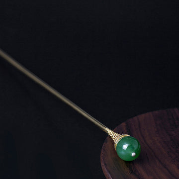 S925 Silver Hair Stick with Jade, front view