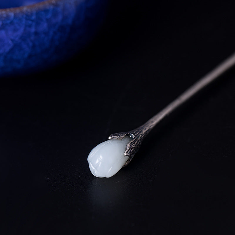 Silver Magnolia Hairpin with Hetian Jade, detail view 2