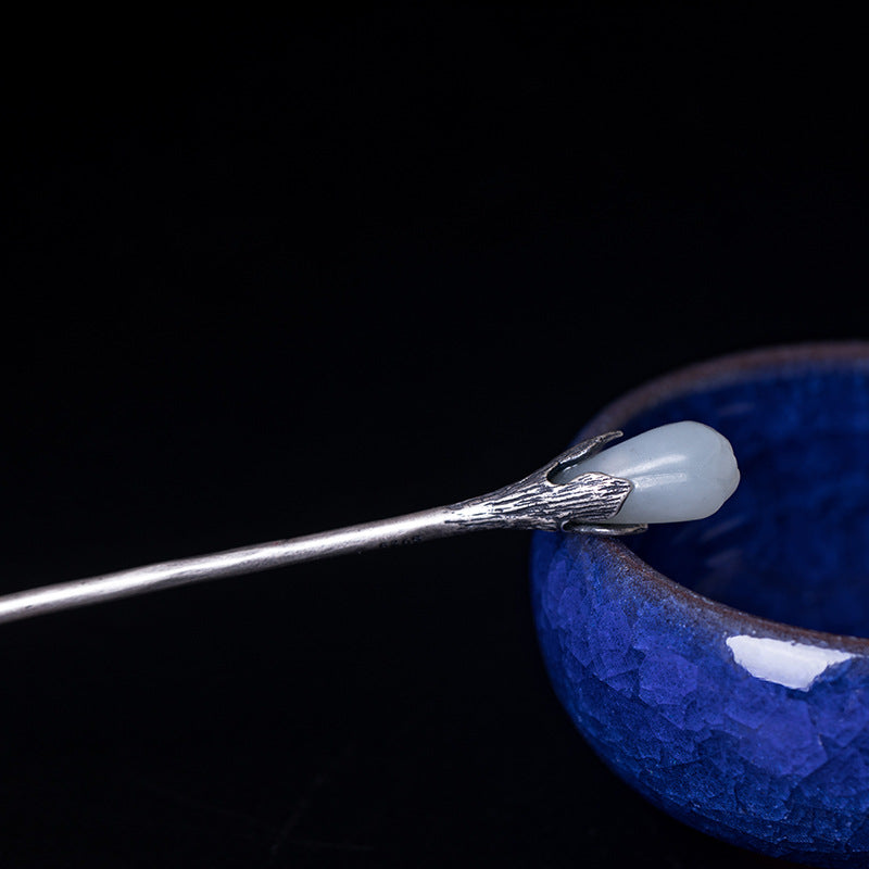 Silver Magnolia Hairpin with Hetian Jade, detail view 3