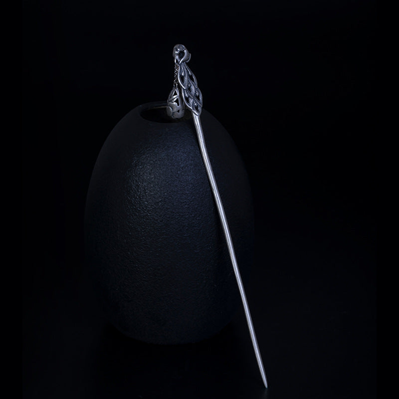Phoenix Hollow Silver Hairpin, front view