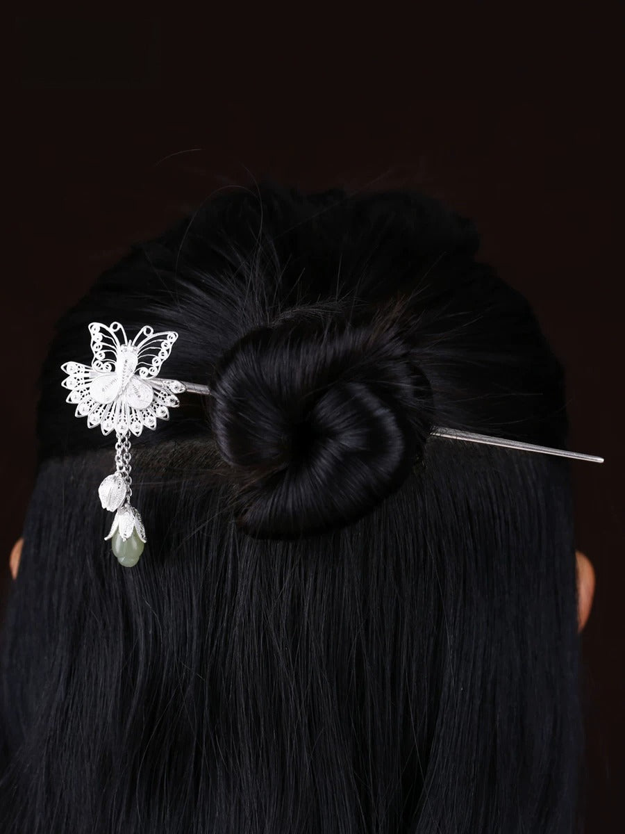Silver Filigree Butterfly Hair Stick, front view
