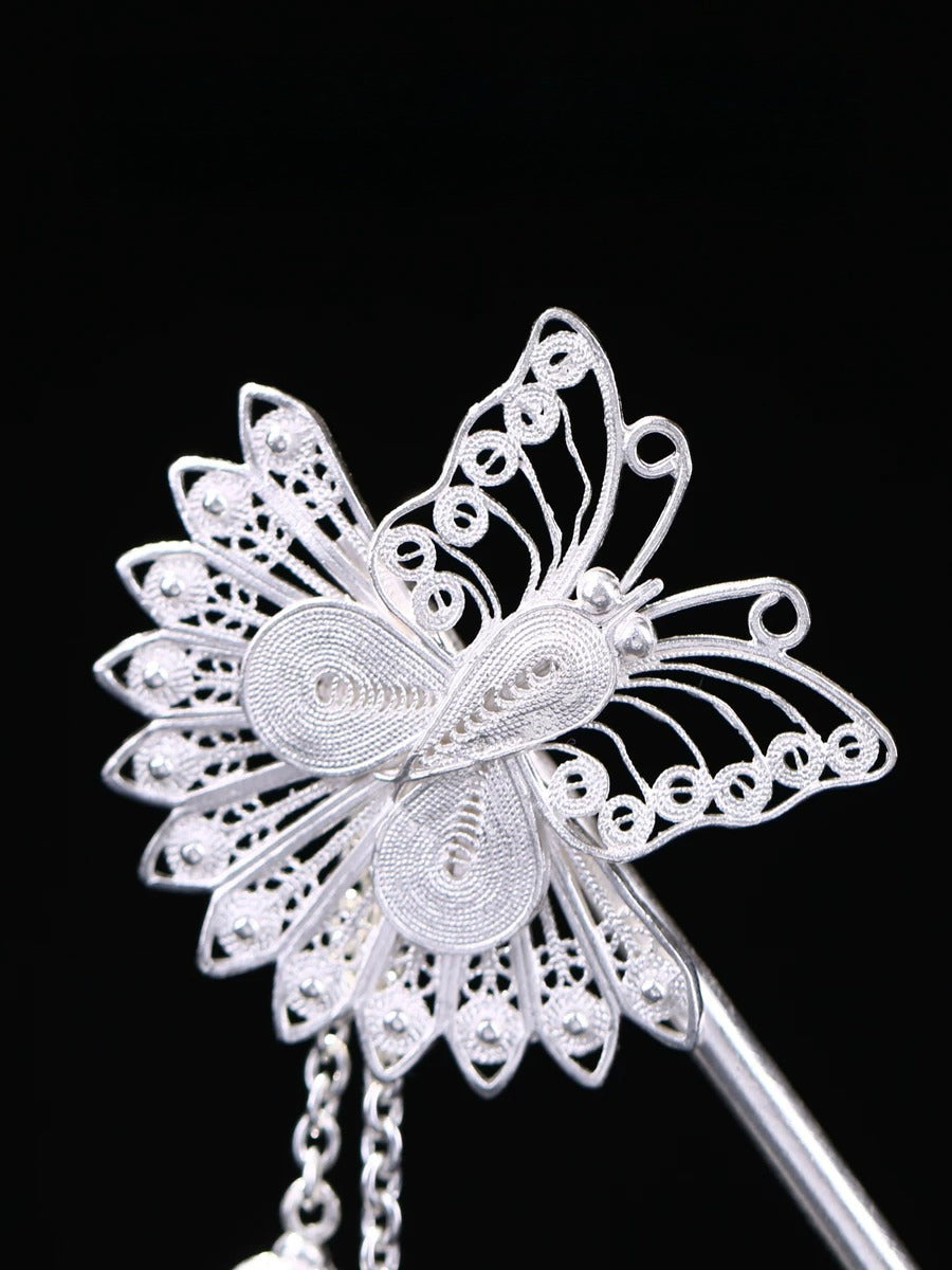 Silver Filigree Butterfly Hair Stick, detail view 2