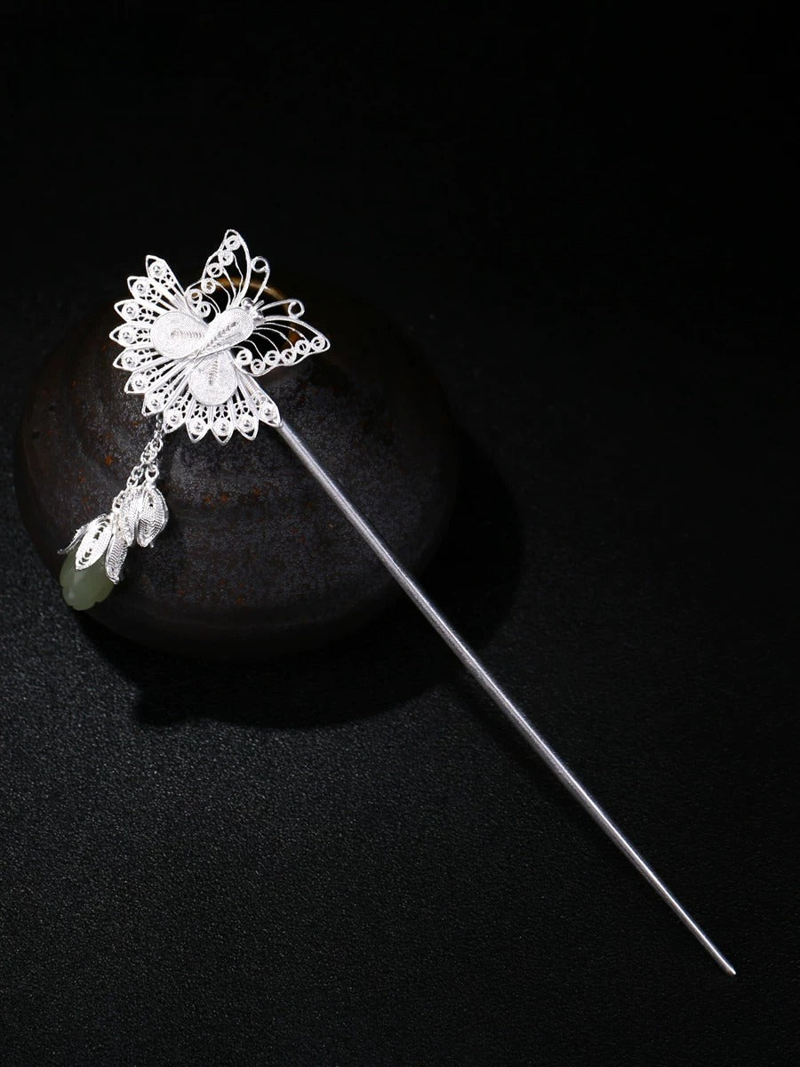 Silver Filigree Butterfly Hair Stick, detail view 3